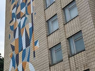 Стріт-арт "Спритна людина" - один із проєктів, здійснених у рамках французької весни в Україні, можна спостерігати на стіні лабораторного корпусу інституту Урології на Обсерваторній вулиці.